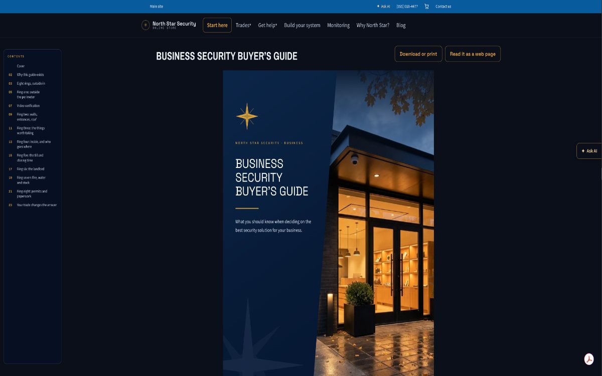 The North Star business security buyer's guide page: a table of contents beside the guide cover, with download and read-online options