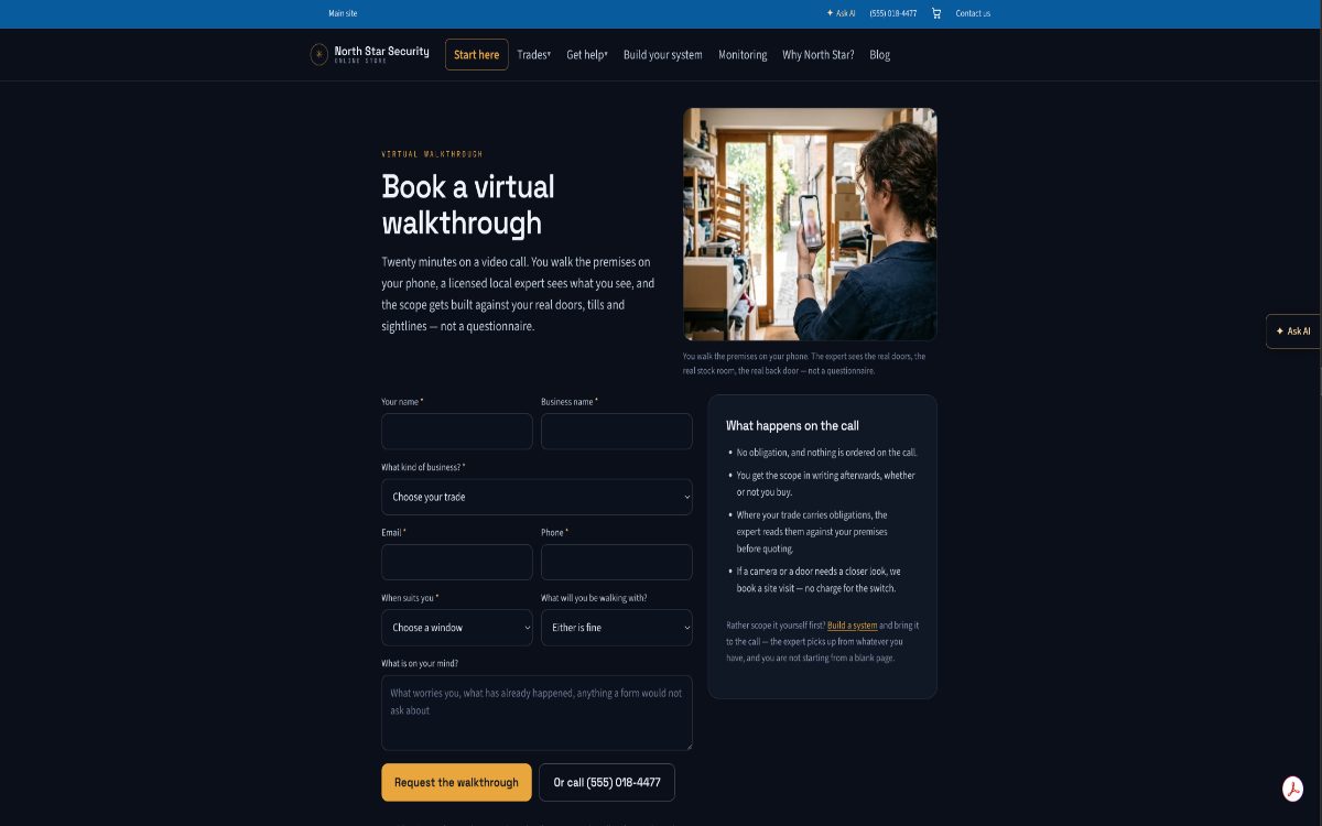 The North Star virtual walkthrough page: a twenty-minute video call booking form beside a plain explanation of what happens on the call, with no obligation