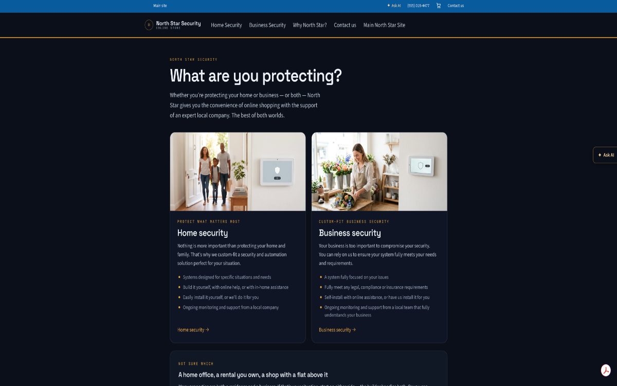 The North Star Security home page: a "What are you protecting?" headline above two doorway cards, home security and business security