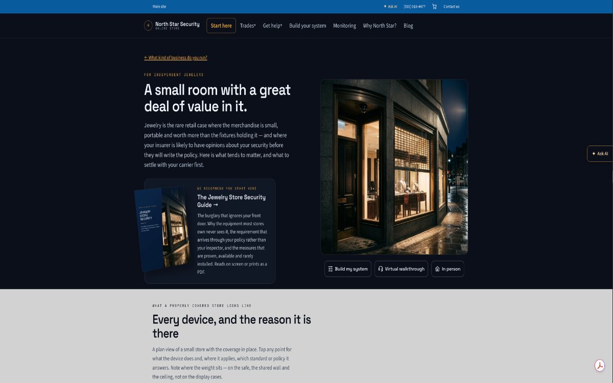 The North Star jewelry vertical page: a headline written for independent jewelers, the jewelry store security guide, and build, virtual walkthrough and in-person options