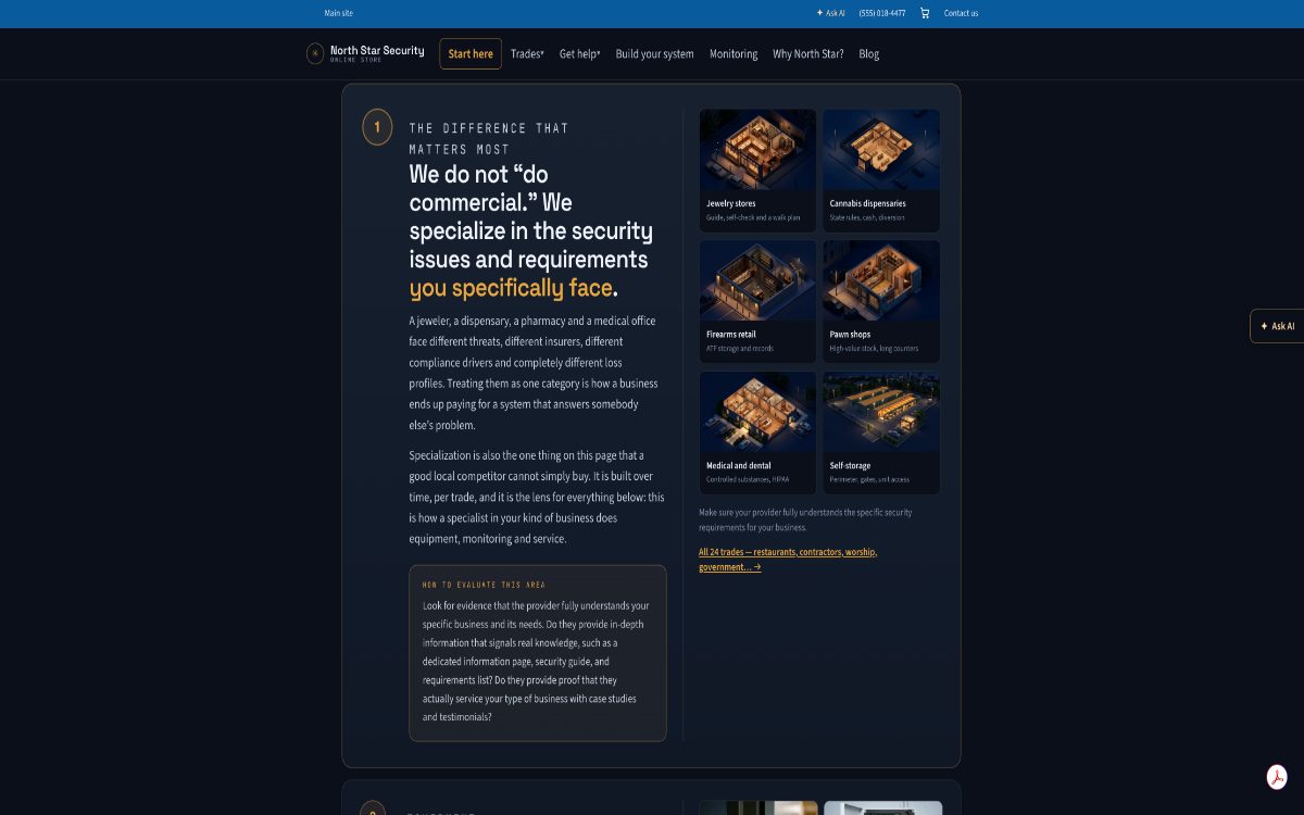 The Why North Star page: a specialization section headlined "We do not do commercial&mdash;we specialize in the security issues and requirements you specifically face," beside a grid of trade cards for jewelry, cannabis, firearms, pawn, medical and self-storage