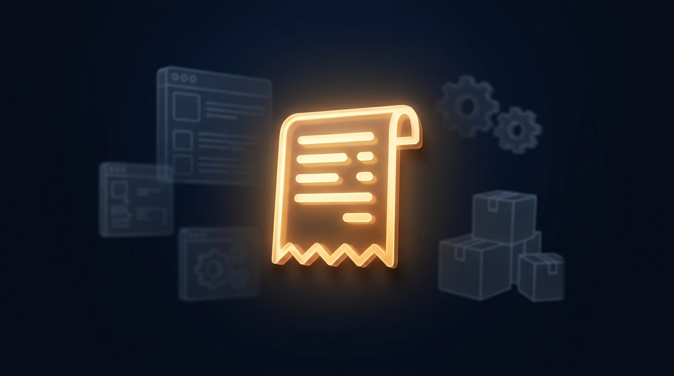 A glowing invoice representing the hidden CMS tax, with faint plugin windows, gears, and stacked boxes behind it