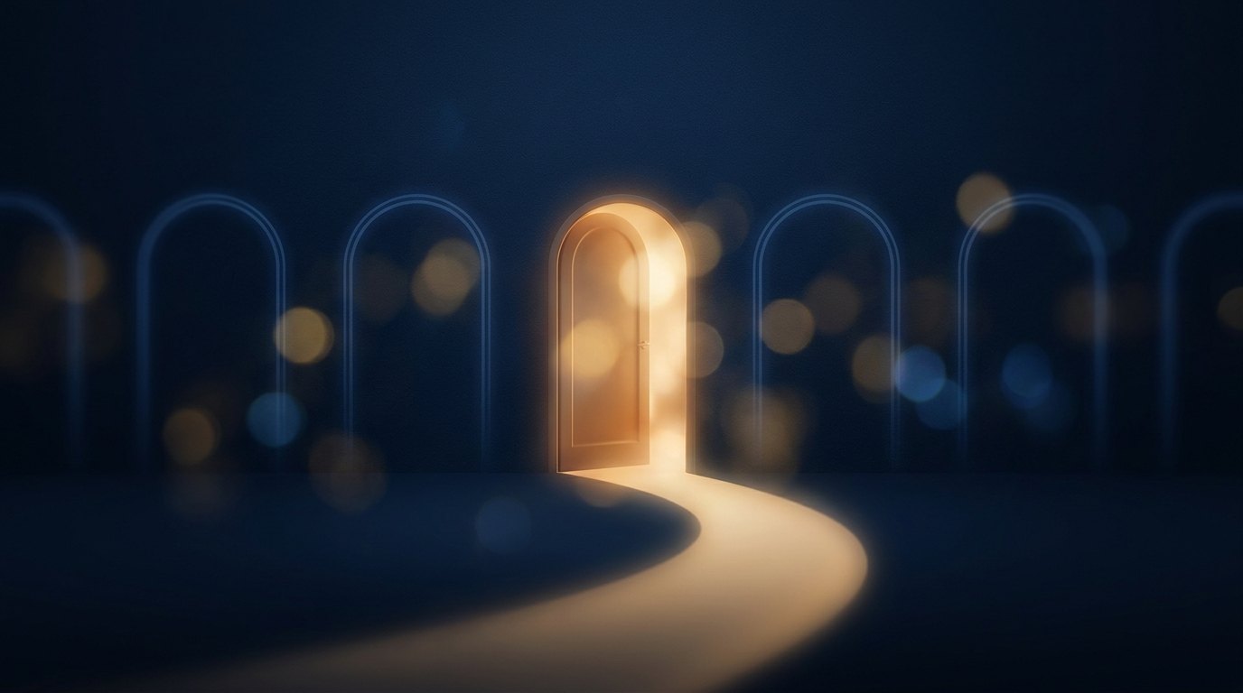 A row of doorways with one glowing open