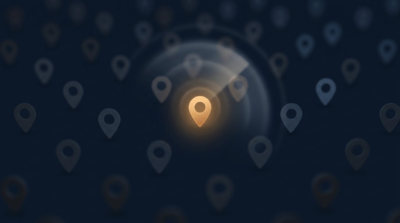 One illuminated location pin found among many faint ones