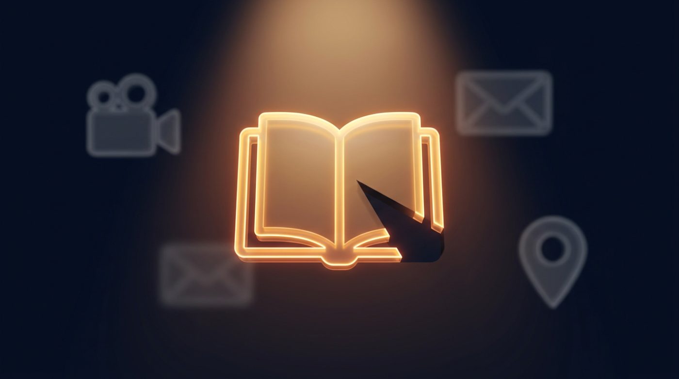 A glowing amber open playbook under a spotlight with a dark blind-spot gap, and faint camera, envelope and location-pin icons behind it