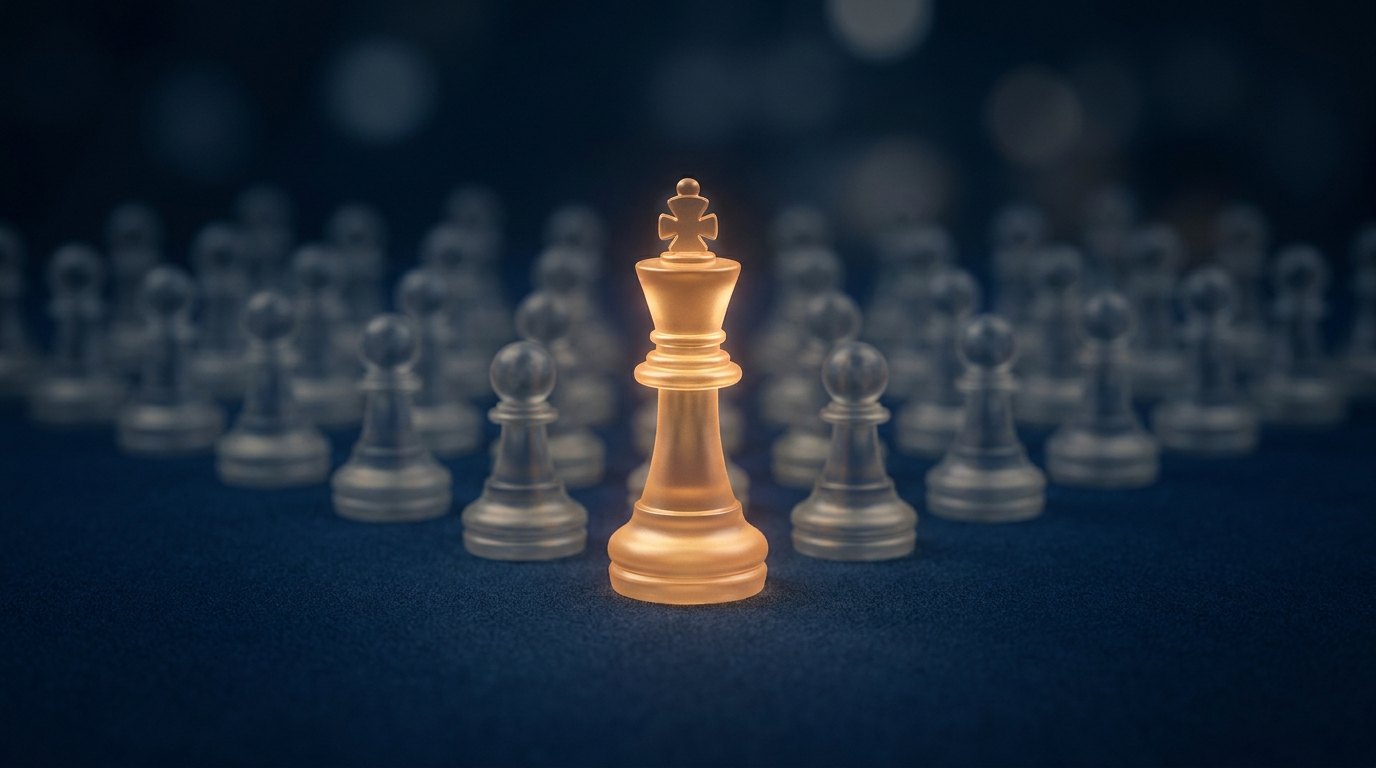 One illuminated chess king among faint identical pawns