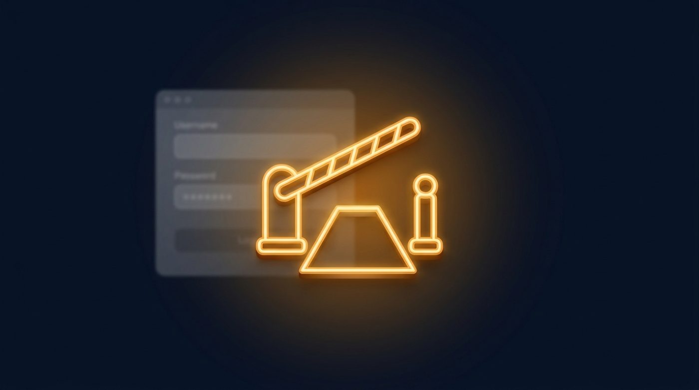 A glowing amber open security gate with its barrier arm raised and a clear path through, as a discarded login form fades behind it