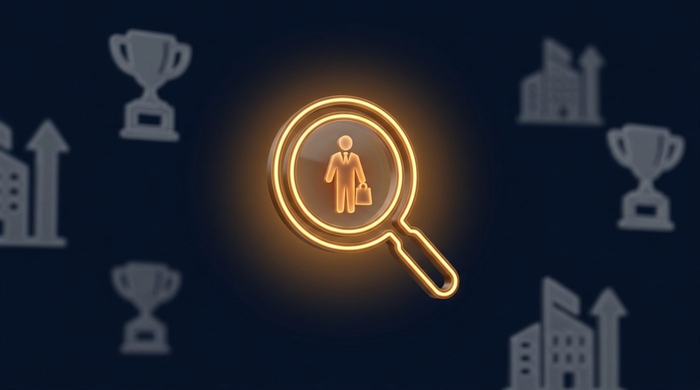A glowing amber magnifying glass focused on a single business buyer, with faint award trophies and generic company icons facing away behind it